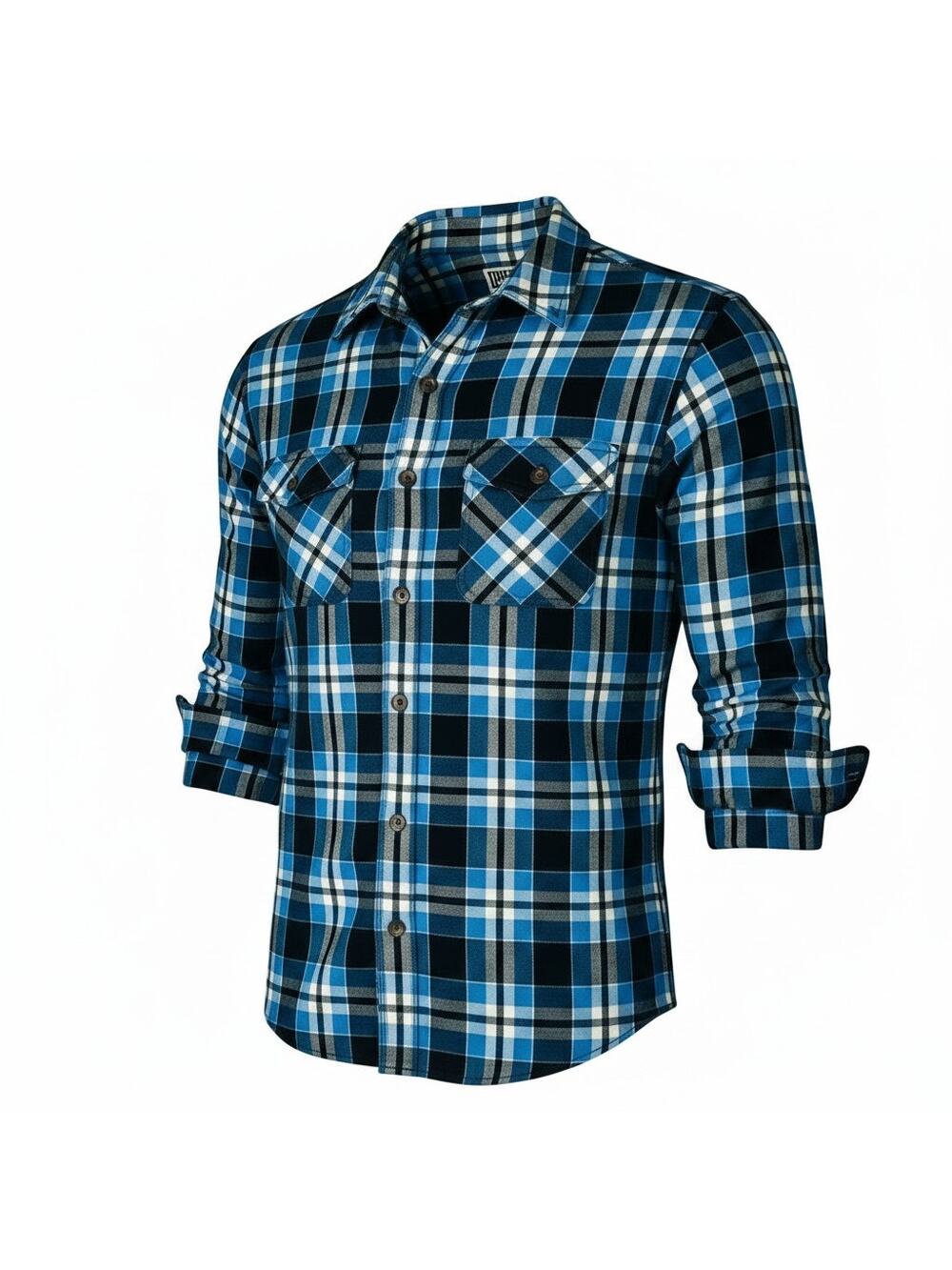 Duluth Trading Co. Men's Lg Relaxed Fit Untucked Length Blue Black Plaid Shirt